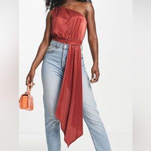 ASOS DESIGN one shoulder satin bodysuit in rust